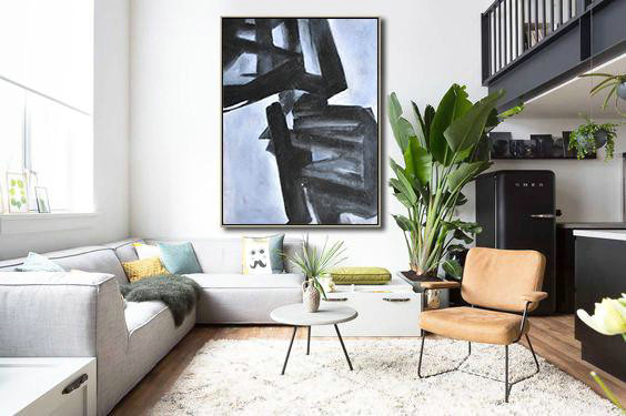 Oversized Wall Decor,Black And White Minimal Painting On Canvas - Extra Large Canvas Art,Handmade Acrylic Painting